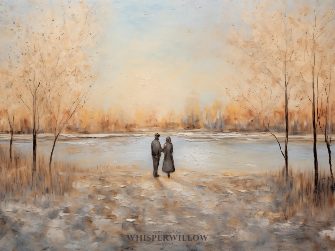 Couple Walking Beside a Calm Lake at Golden Autumn Dusk Poster - Image 6