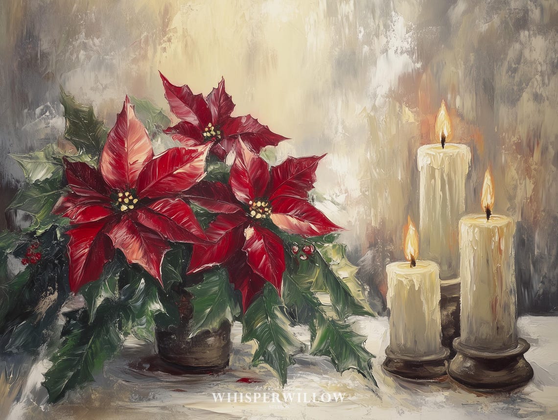 Poinsettia Bouquet with Three Glowing Candles Christmas Poster - Image 6