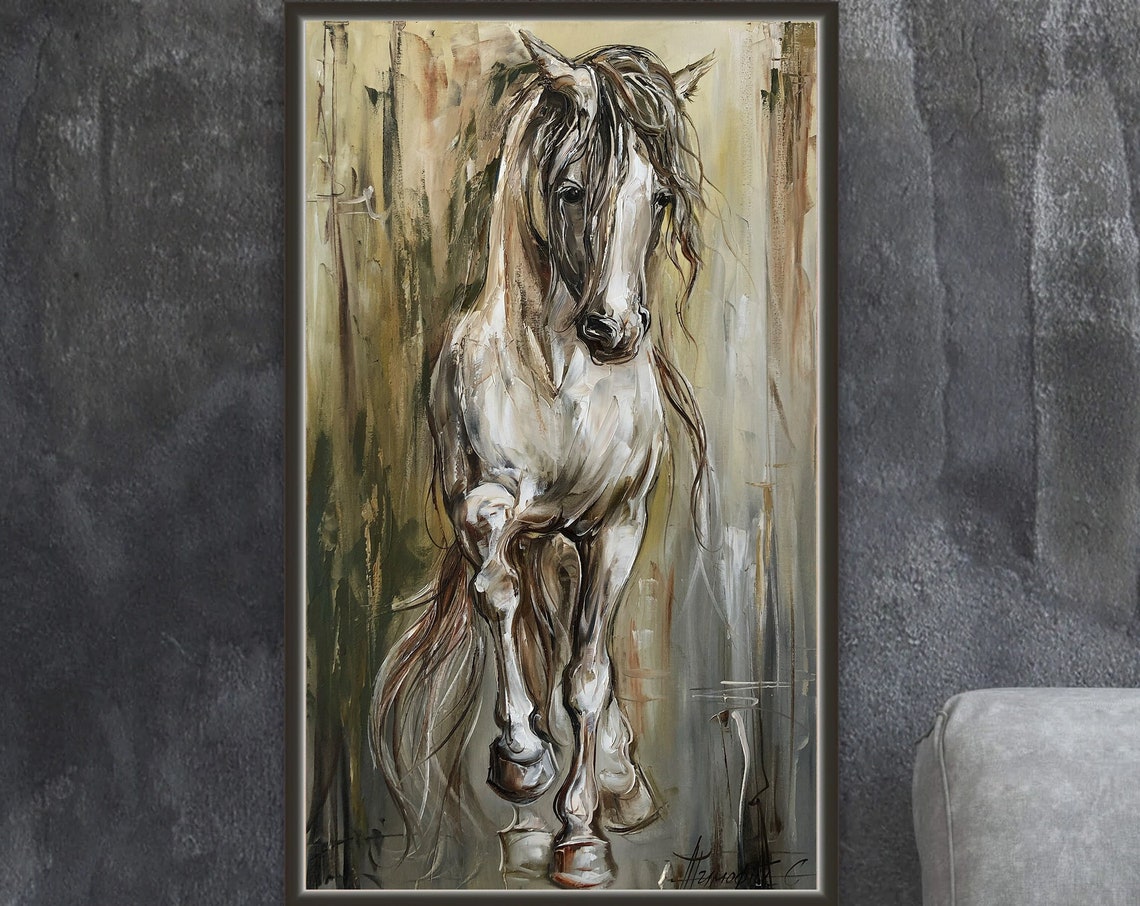 Arabian Horse Oil Painting On Farmhouse Wall Art Animal Oil Painting Gift For Horse Lover Abstract Running Horse Painting 30x60 - Image 3