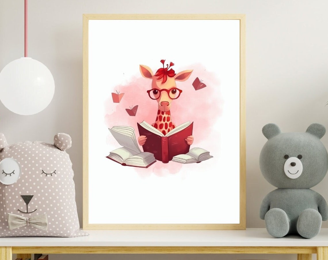 Giraffe Reading Books Wearing Glasses Kids Room Nursery Poster