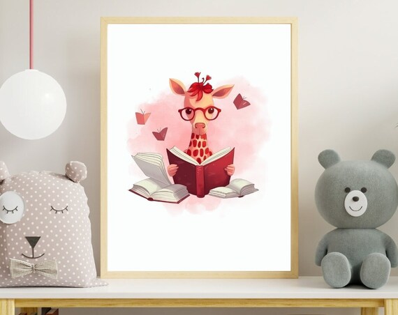 Giraffe Reading Books Wearing Glasses Kids Room Nursery Poster