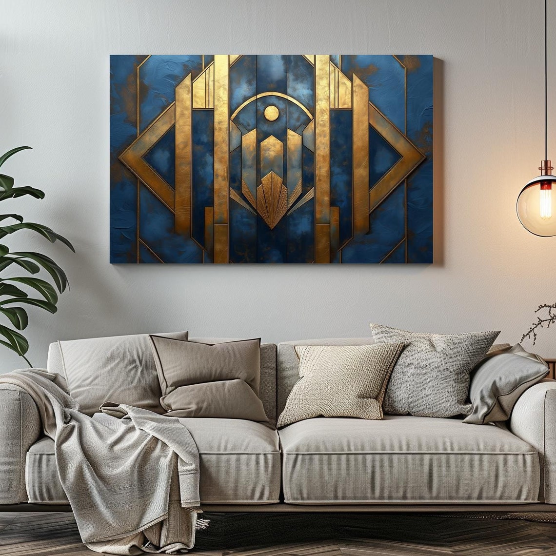 Art Deco Blue Gold Columns Skyscraper 1920s Architectural Wall Print