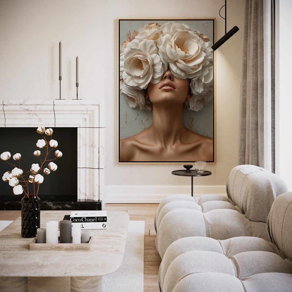 Woman White Rose Headdress Soft Beige Floral Elegance Art Poster