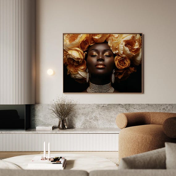 African Female Portrait Golden Floral Splendor Artwork Wall Art