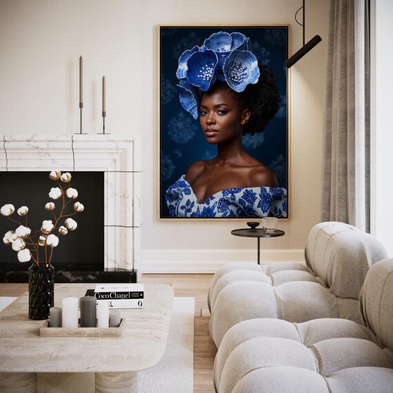 Blue Porcelain Floral Headdress Elegant Beauty Portrait Art Poster