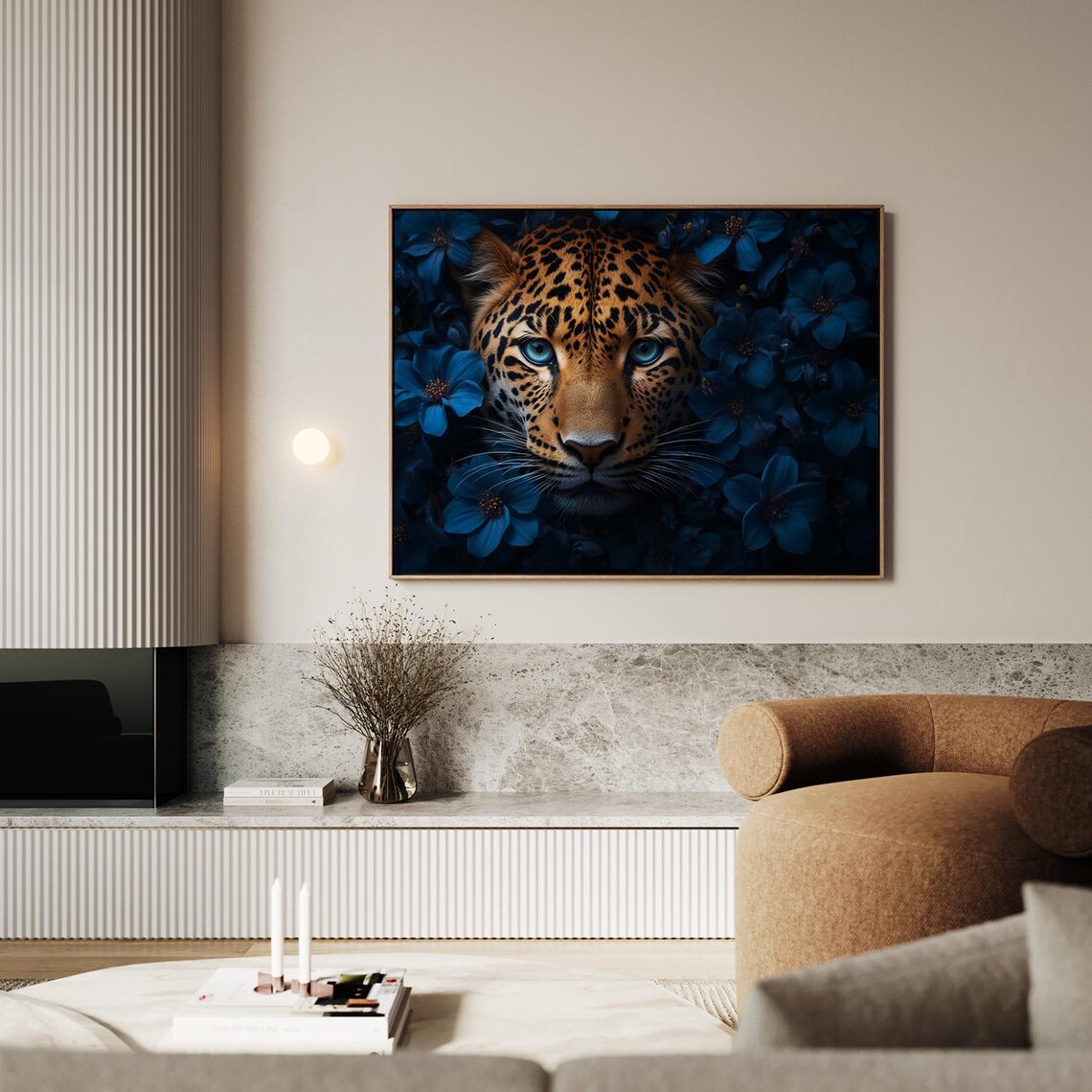Blue Eyed Leopard Blue Flowers Wildlife Portrait Gallery Art Poster