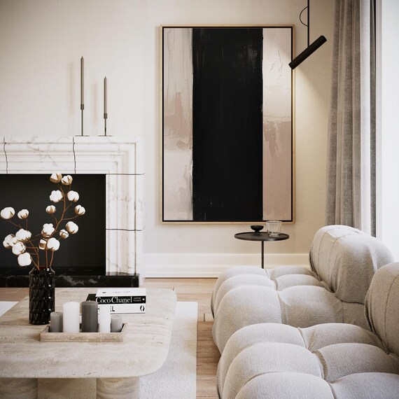 Bold Black Vertical Stripe Minimalist Beige Abstract Wall Poster