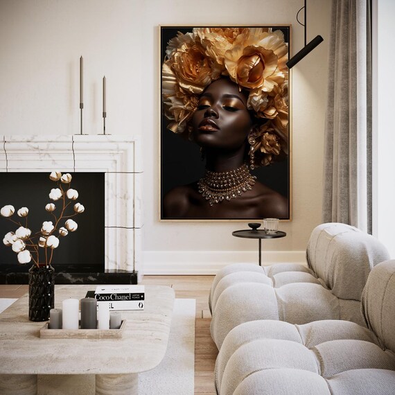 Black Woman Gold Floral Headdress Jeweled Choker Luxury Art Poster