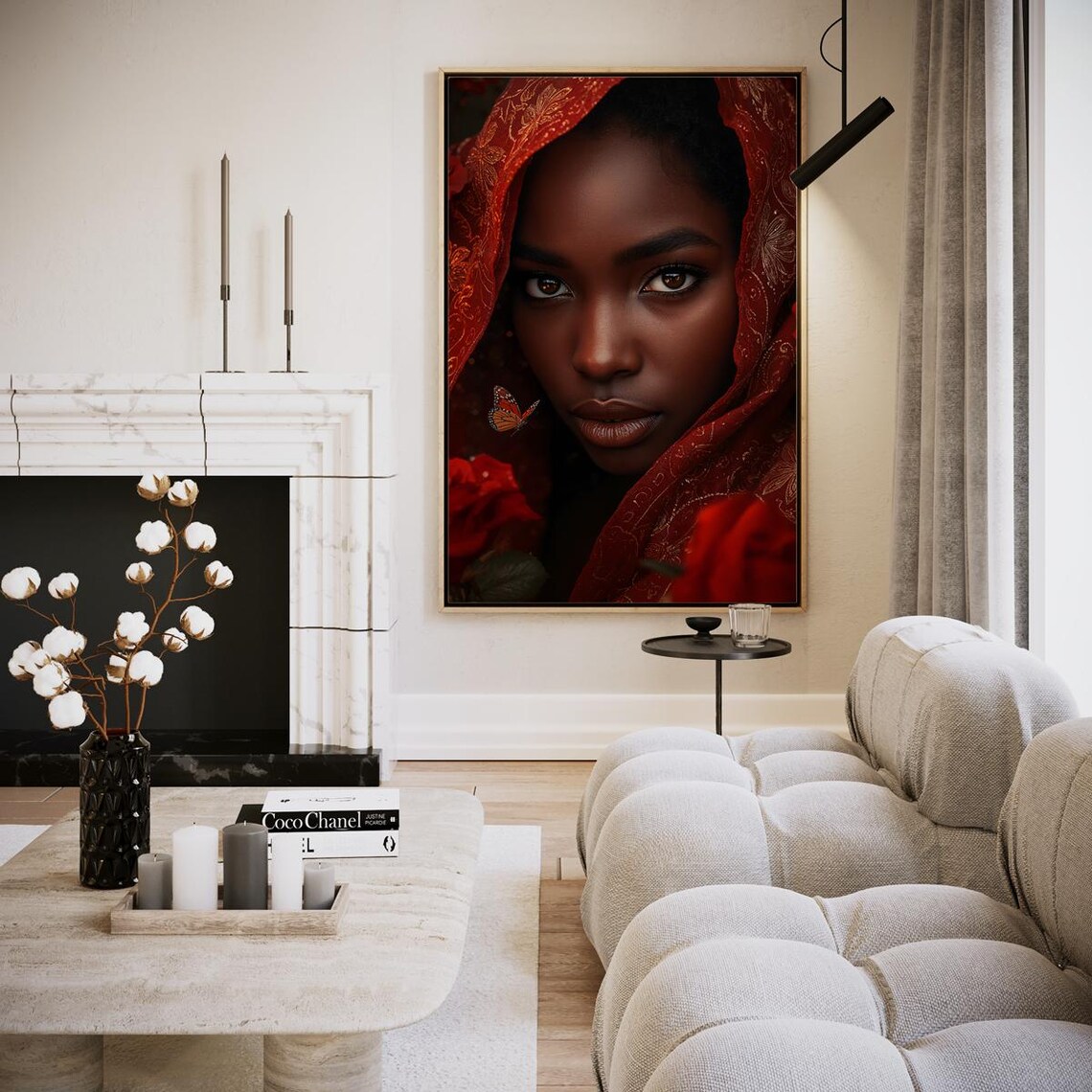 Woman Red Scarf Roses Monarch Butterfly Intense Portrait Art Print