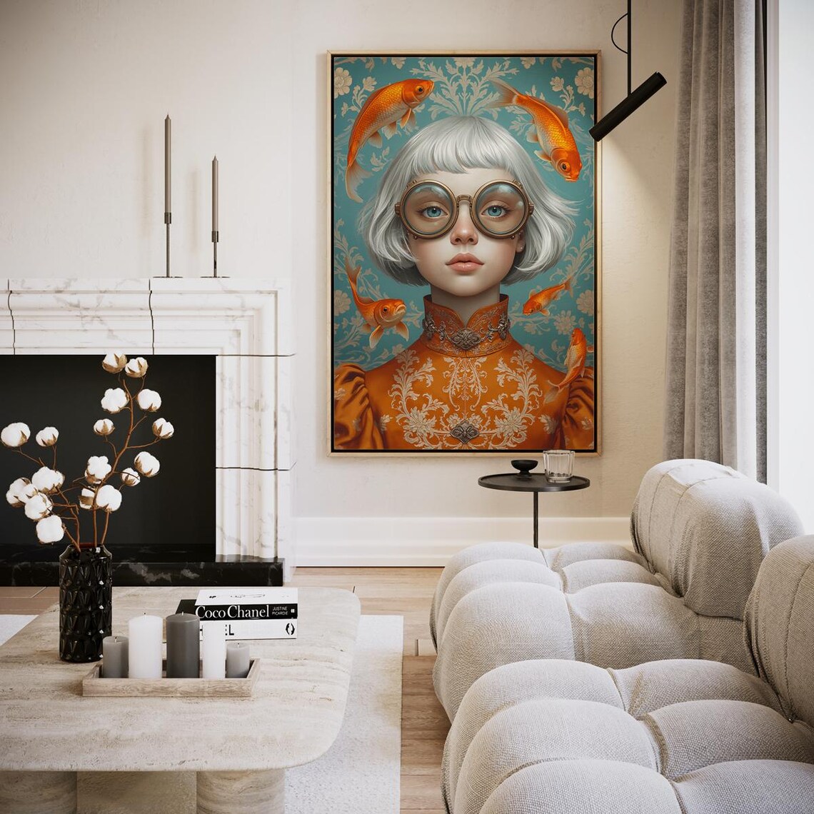 Whimsical Goggles Girl Orange Koi Fish Portrait Colorful Art Poster