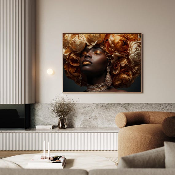 African Female Portrait In Floral Splendor Artwork Wall Art