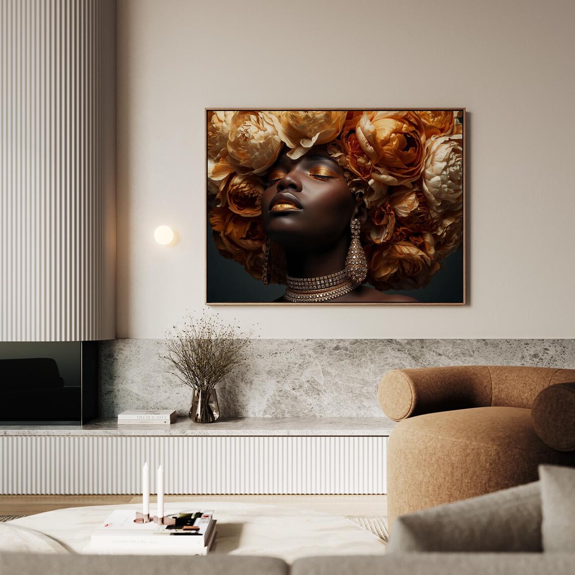 Regal Golden Floral Splendor African Woman Portrait Wall Art