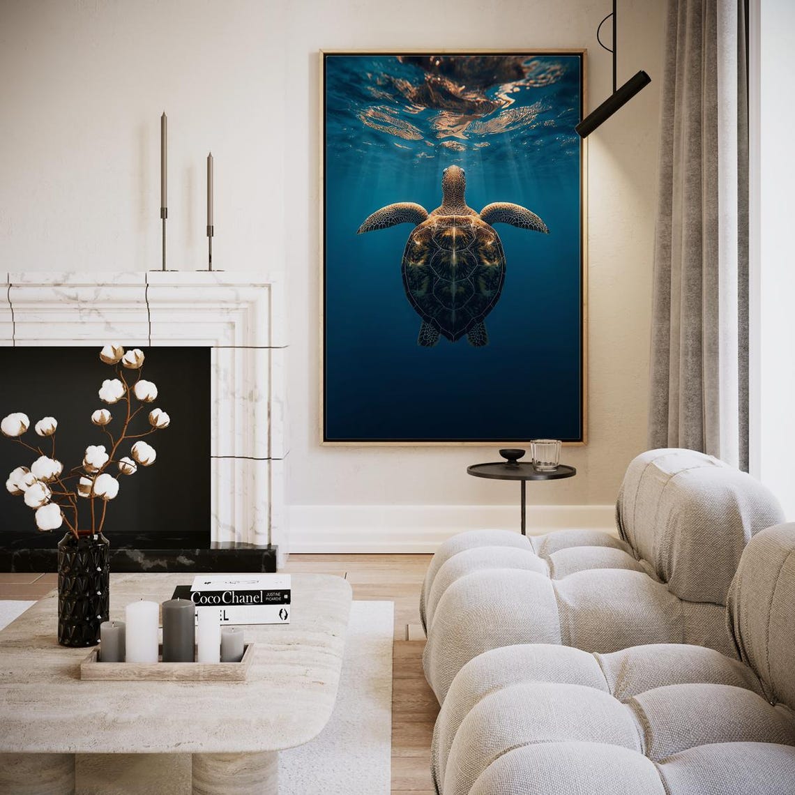 Sea Turtle Swimming Toward Light Deep Blue Ocean Wildlife Art Poster