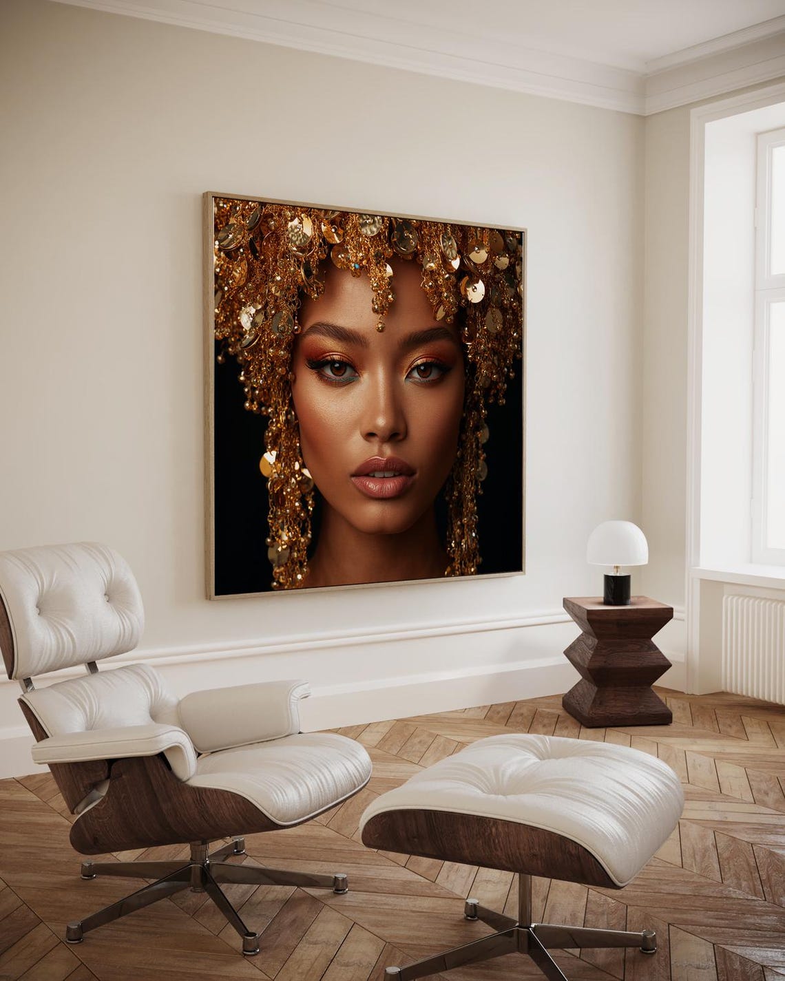 Golden Sequin Headdress Beauty Portrait Glamorous Luxe Art Print