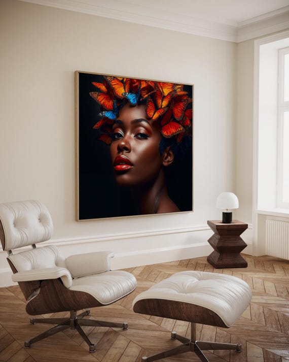 Portrait With Bright Orange And Blue Butterflies In Hair On Dark Background Artwork Wall Art