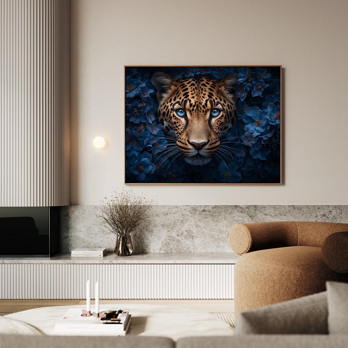 Leopard Blue Blossoms Piercing Blue Eyes Wildlife Art Poster