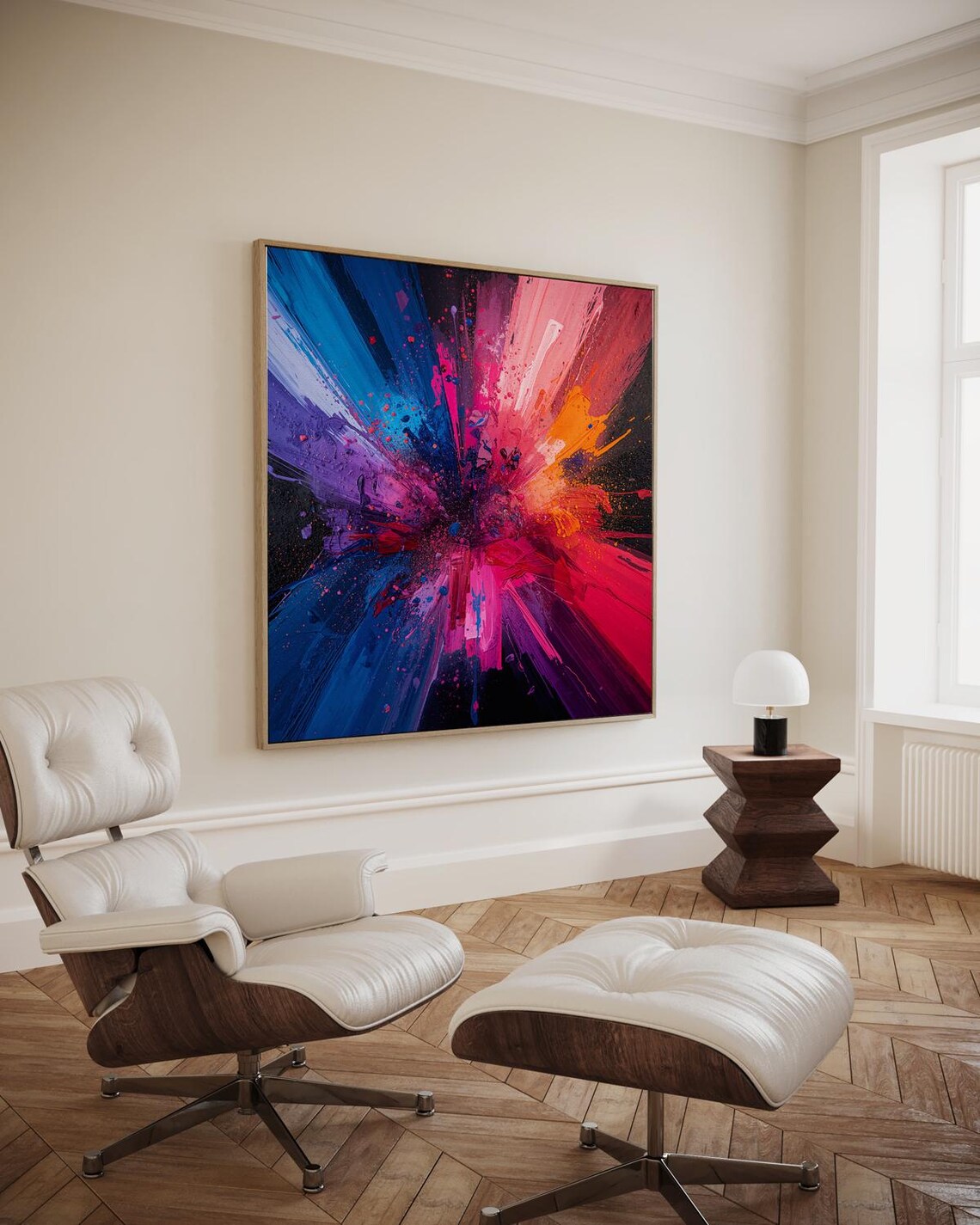 Explosive Abstract Artwork In Bright Pink Blue And Purple Colors On Black Wall Art