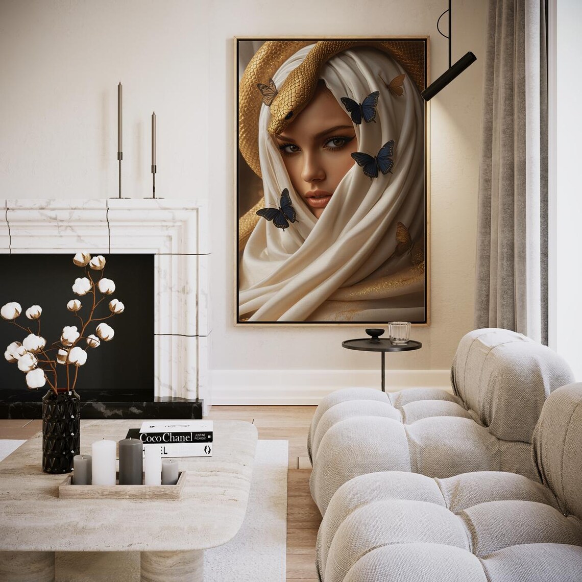 Veiled Beauty Golden Snake Butterflies White Silk Mystic Wall Art