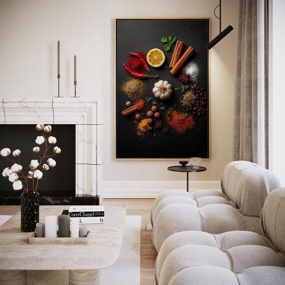 Rustic Assorted Spices And Herbs Dark Flat Lay Culinary Art Print