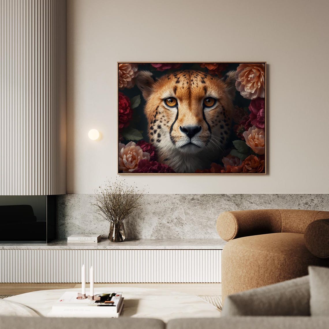 Cheetah Face Floral Roses Wildlife Botanical Dramatic Poster