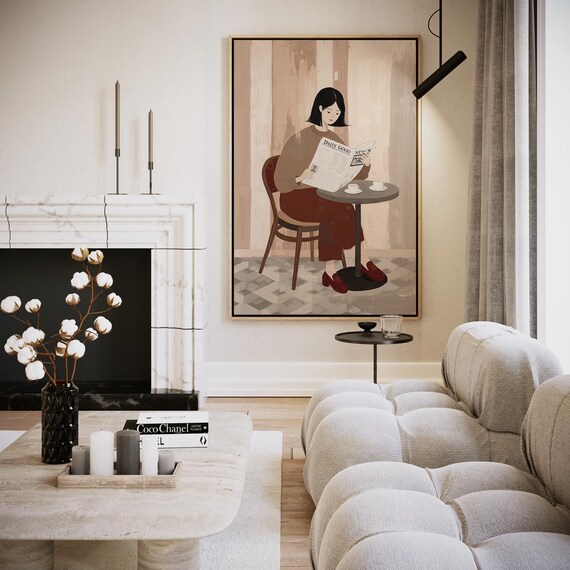 Woman Reading Newspaper At Cafe Illustration Wall Art Cozy Decor