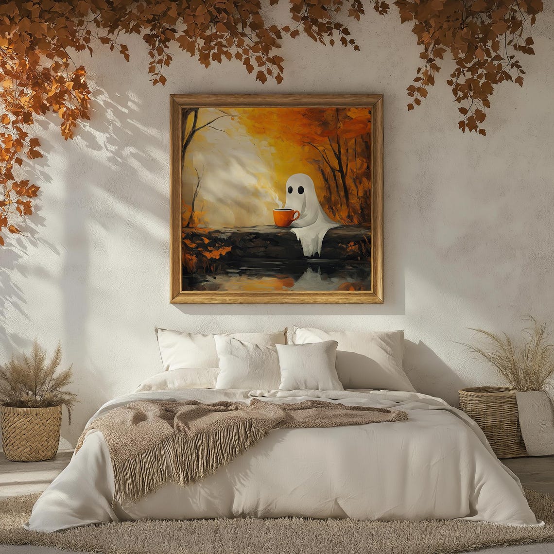 Ghost Drinking Coffee On Autumn Log Cute Fall Halloween Poster - Image 2