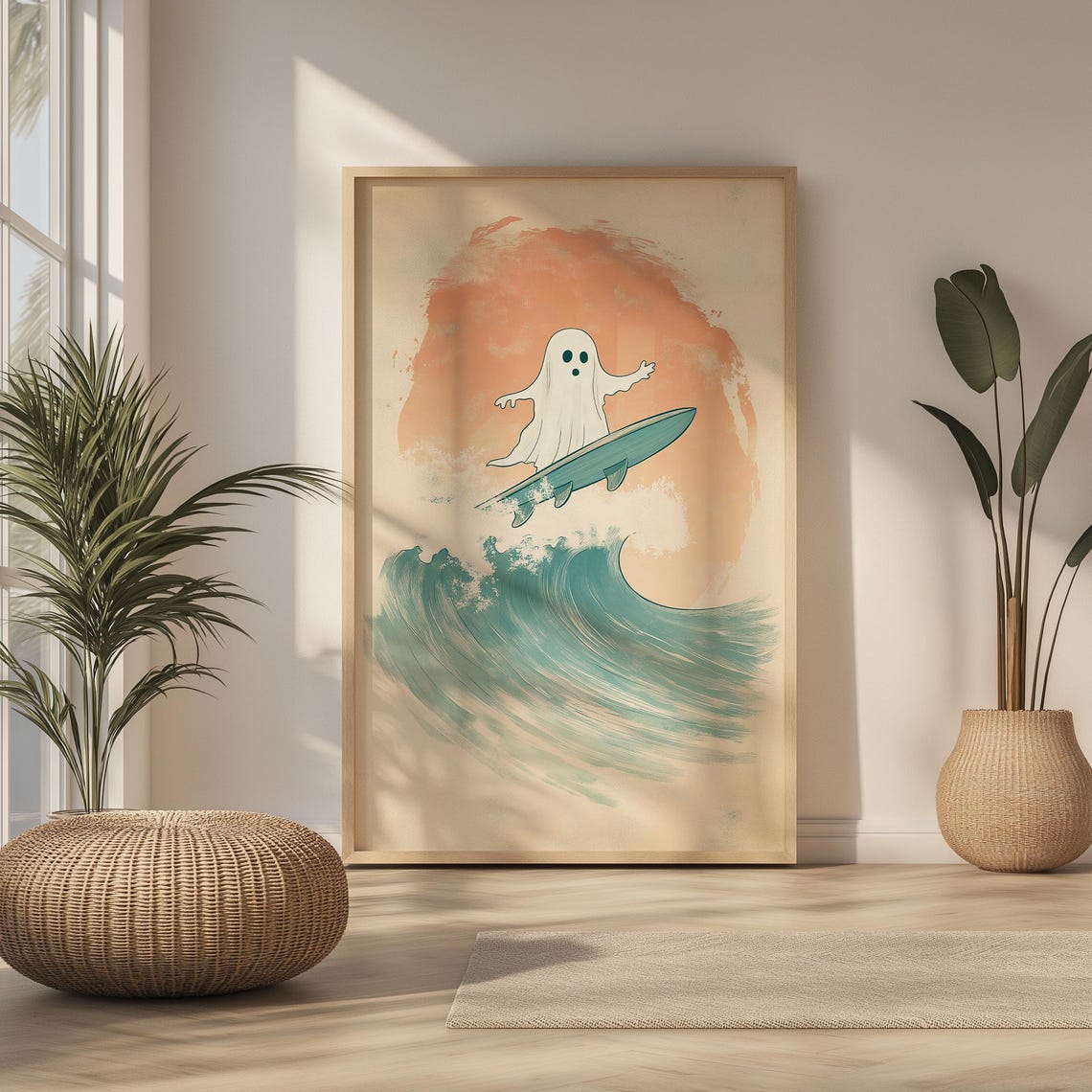 Cute Ghost Surfing Sunset Wave Halloween Beach Decor Wall Art - Image 2