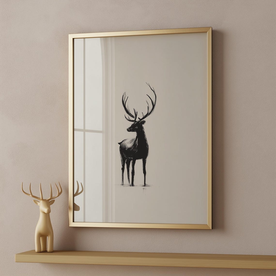 Elegant Stag Deer Silhouette Minimalist Charcoal Sketch Art Print