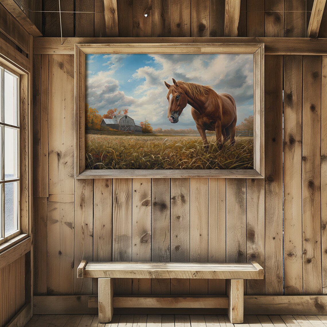 Chestnut Horse in Golden Wheat Field Barn Autumn Farmhouse Wall Art - Image 2