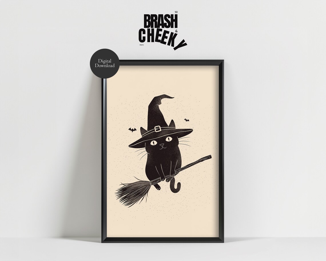 Black Cat On A Broomstick Witch Cat Print Cute Black Cat With A Witch Hat Wall Decor Halloween Decor