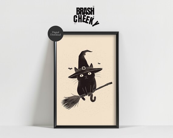 Black Cat On A Broomstick Witch Cat Print Cute Black Cat With A Witch Hat Wall Decor Halloween Decor