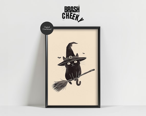 Witch Cat on Broomstick Minimalist Black Cat Halloween Wall Art