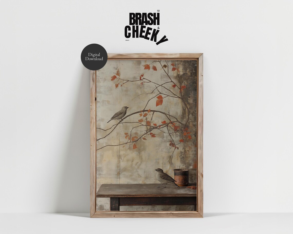 Two Birds on Autumn Branch Muted Vintage Still Life Art Print