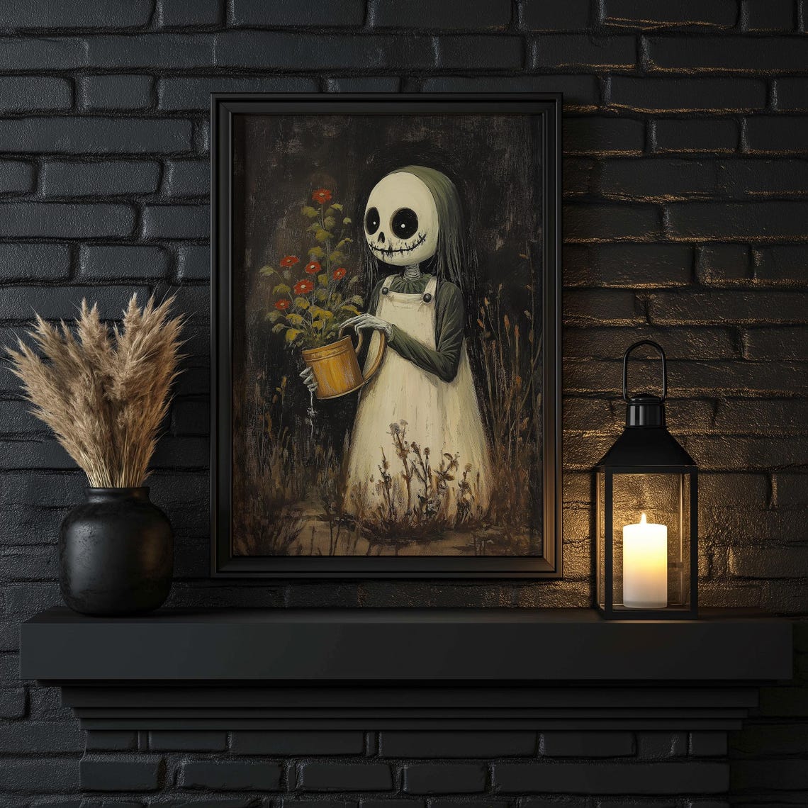 Skeleton Girl Watering Red Flowers Dark Gothic Garden Poster - Image 2