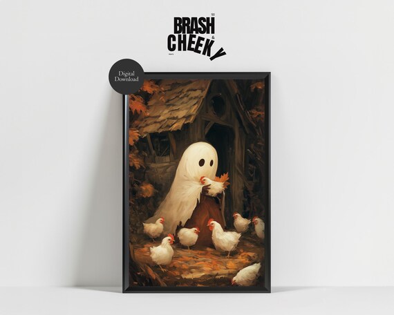 Ghost Feeding The Chickens Cute Fall Ghost In The Chicken Coop A Ghost Taking Care Of Chickens On The Farm Print