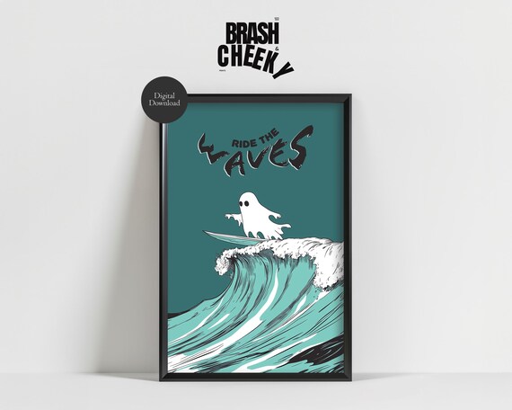 Ride the Waves Cute Ghost Surfing Bold Teal Retro Wave Wall Art