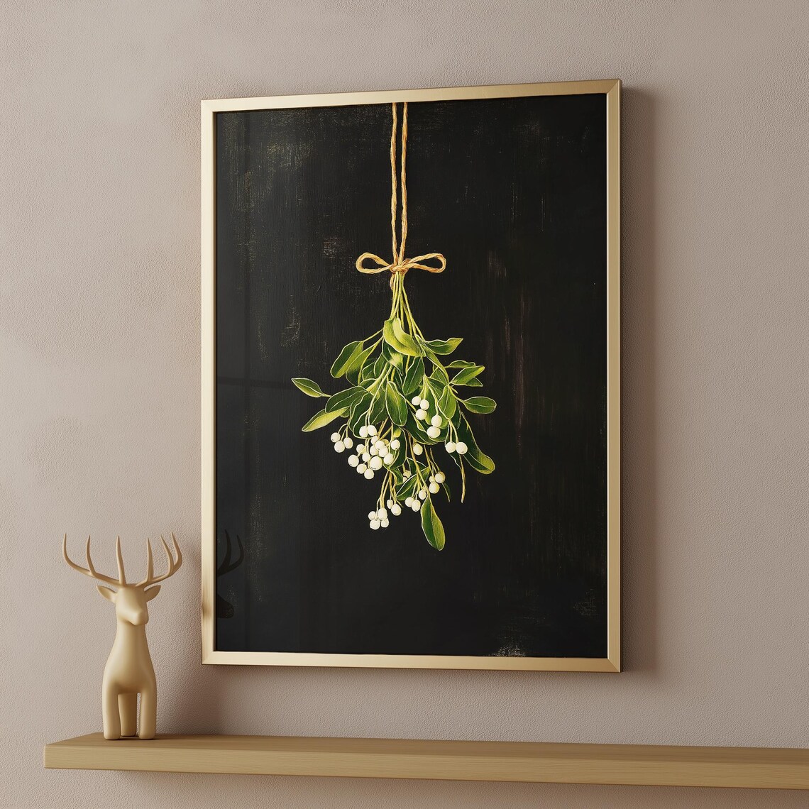 Moody Hanging Mistletoe With White Berries on Black Art Print - Image 3