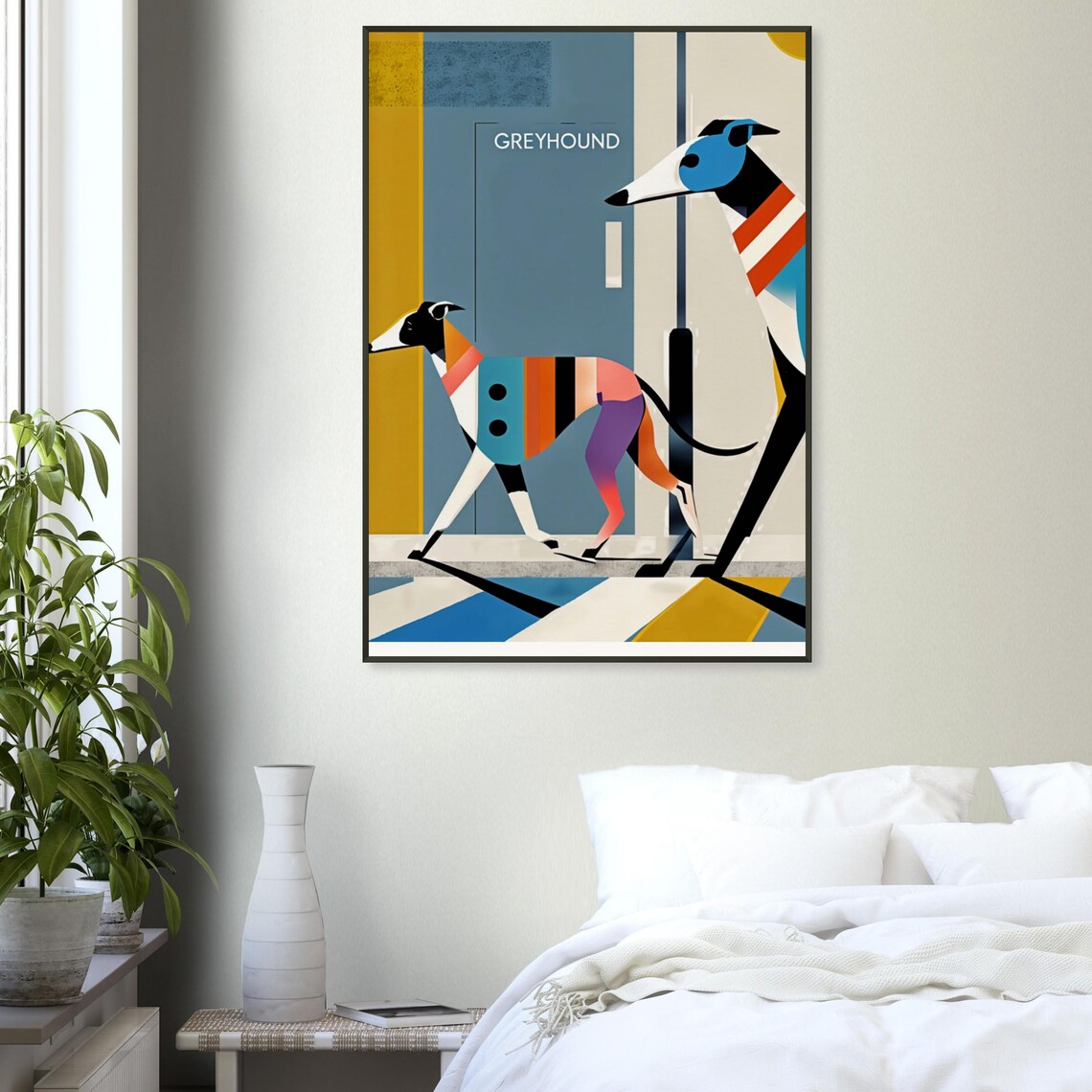Greyhound Duo Retro City Scene Stylish Geometric Dog Walk Poster - Image 3