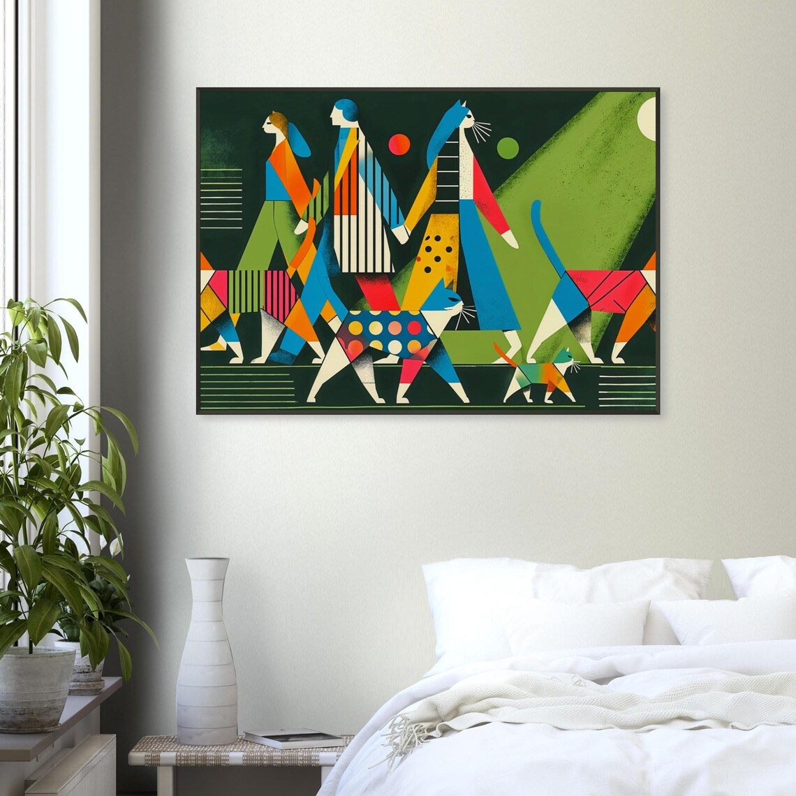 Women and Cats Night Parade Dark Green Geometric Cat Lover Poster - Image 3