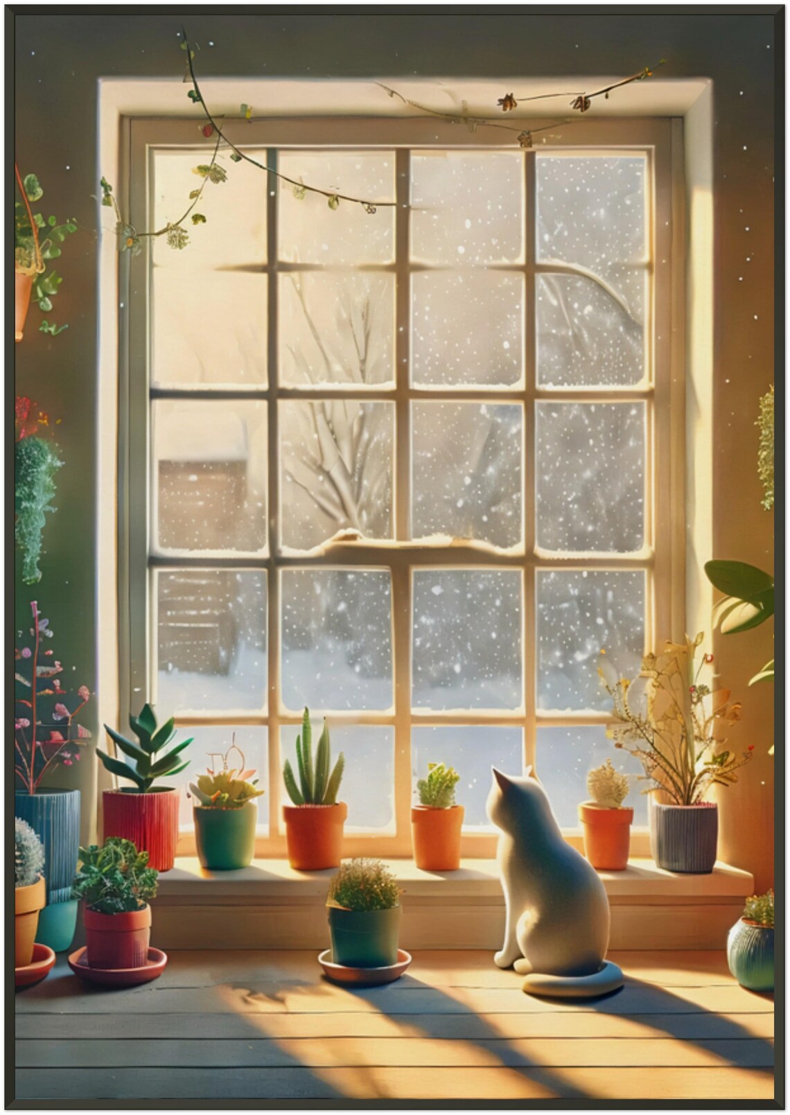 White Cat Winter Snowfall Window Houseplant Cozy Scene Poster - Image 5