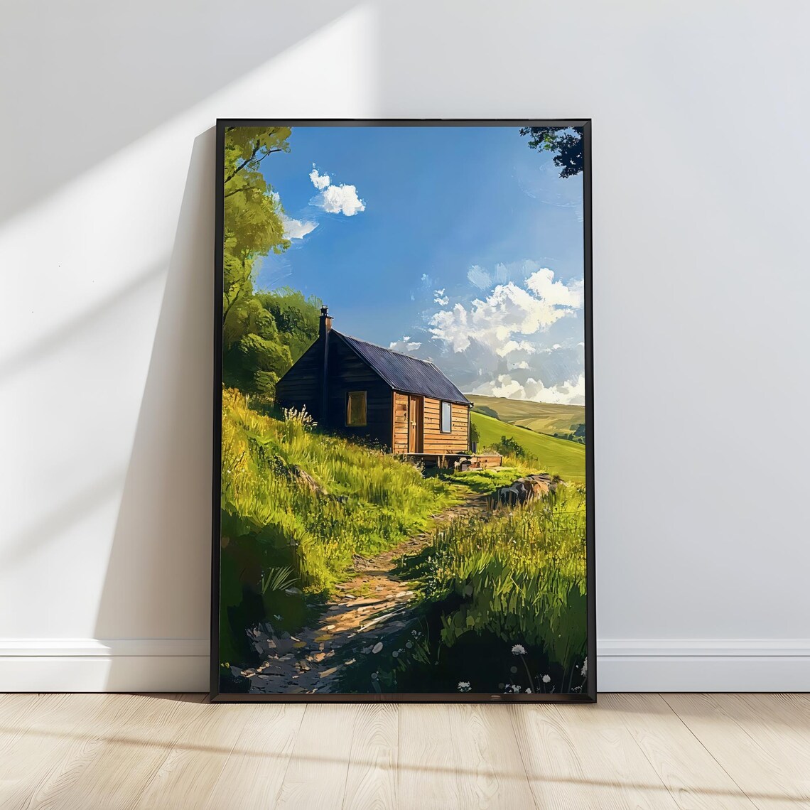 Cozy Cabin In Sunny Green Countryside Wildflower Meadow Art Poster - Image 3