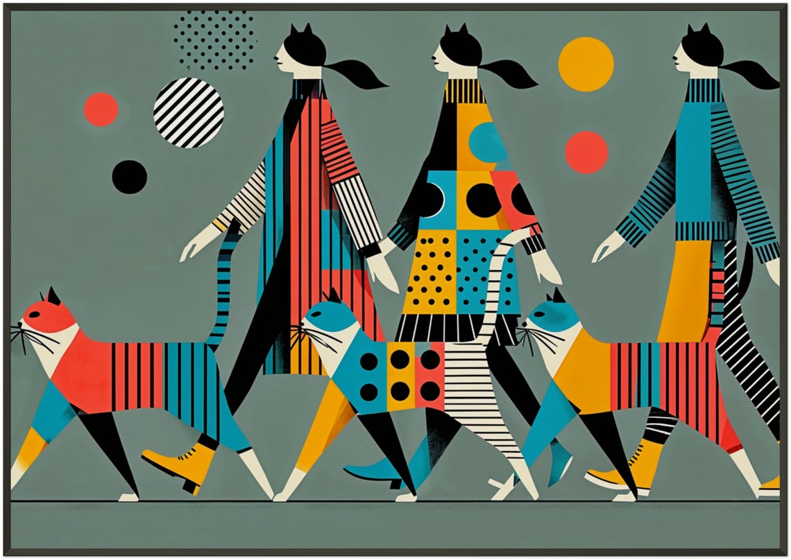 Three Women Walking Bold Patterned Cats Geometric Cat Art Poster