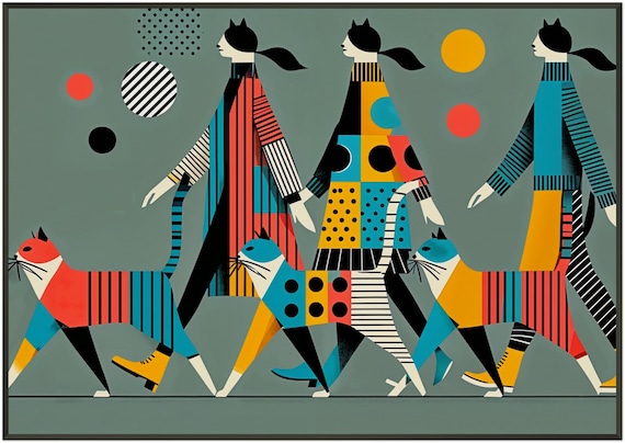 Three Women Walking Bold Patterned Cats Geometric Cat Art Poster