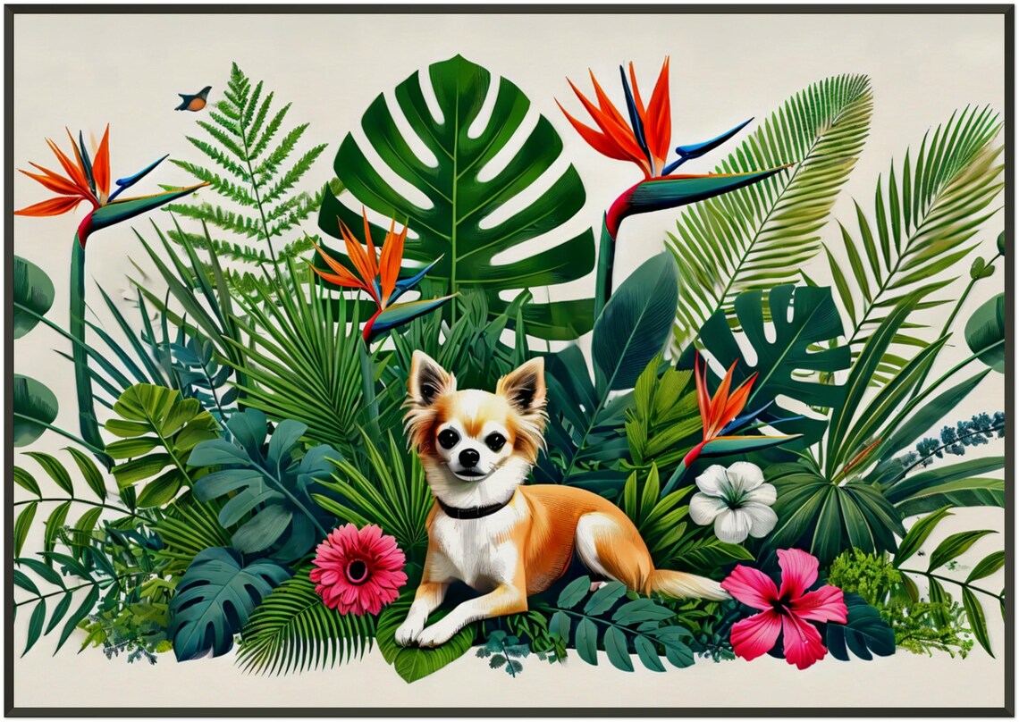 Tiny Chihuahua Tropical Botanical Garden Colorful Flower Poster