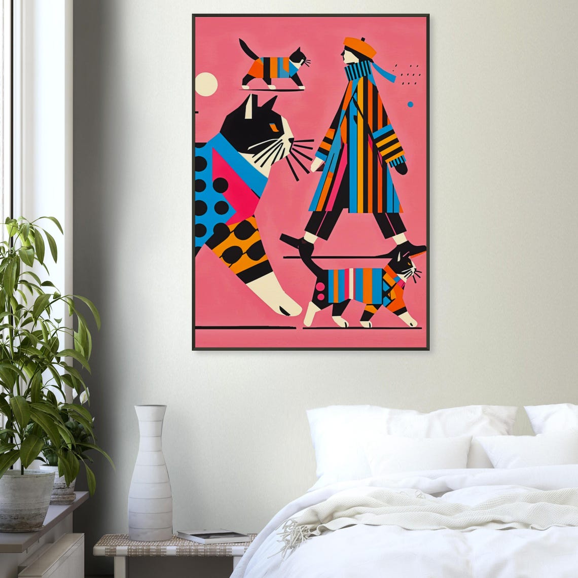 Women Strolling with Giant Patchwork Cat Pink Pop Art Poster - Image 3