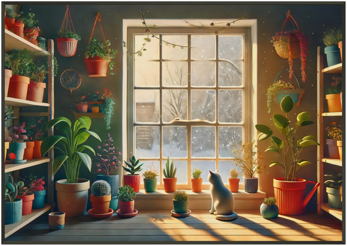 White Cat Winter Snowfall Window Houseplant Cozy Scene Poster