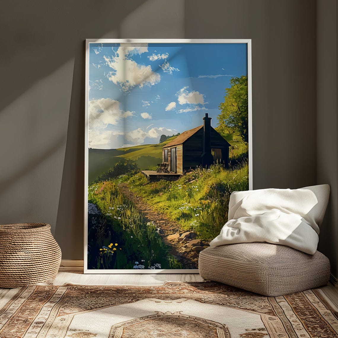 Rustic Wooden Cabin On Sunny Wildflower Meadow Hillside Art Poster - Image 5