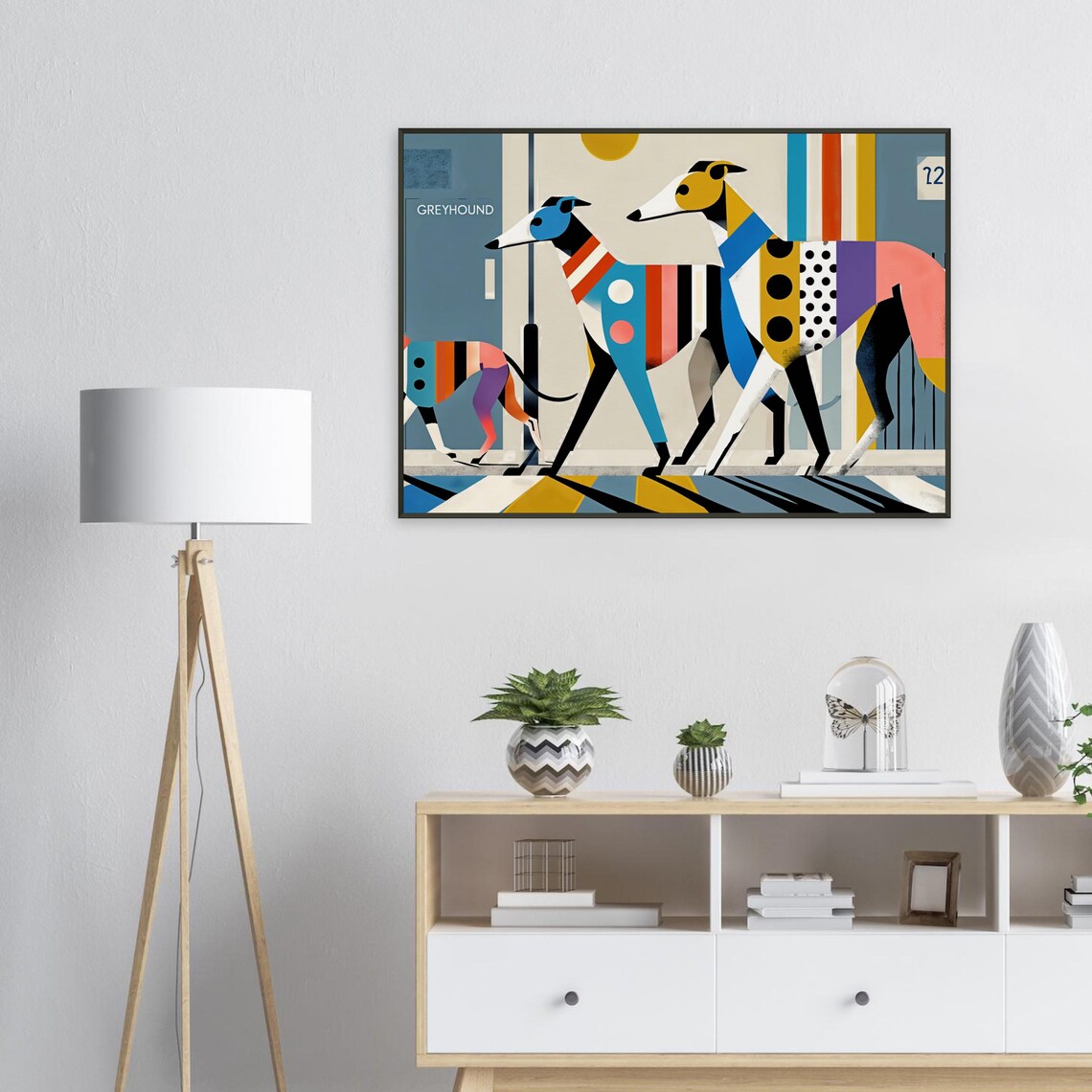 Greyhound Duo Retro City Scene Stylish Geometric Dog Walk Poster - Image 2