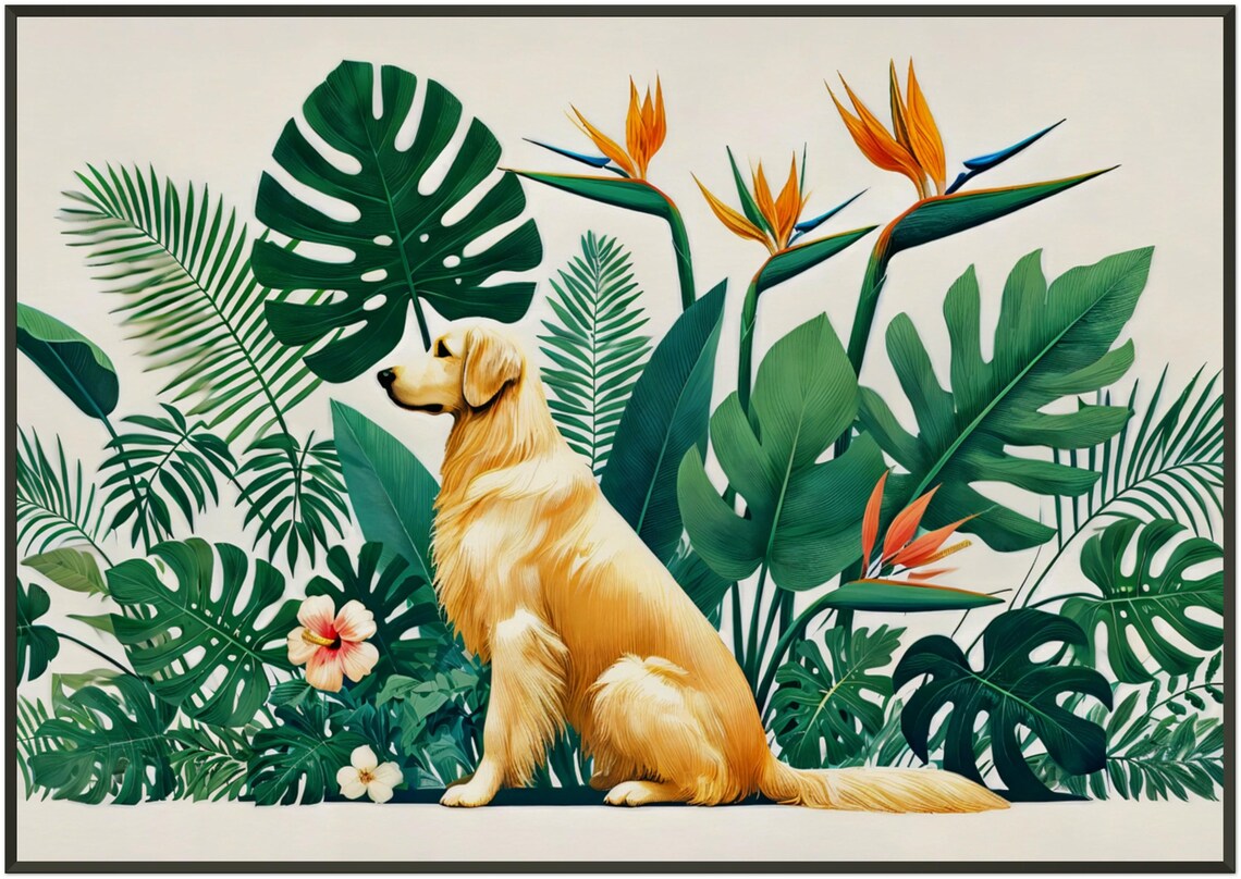 Golden Retriever Tropical Botanical Garden Sitting Dog Poster