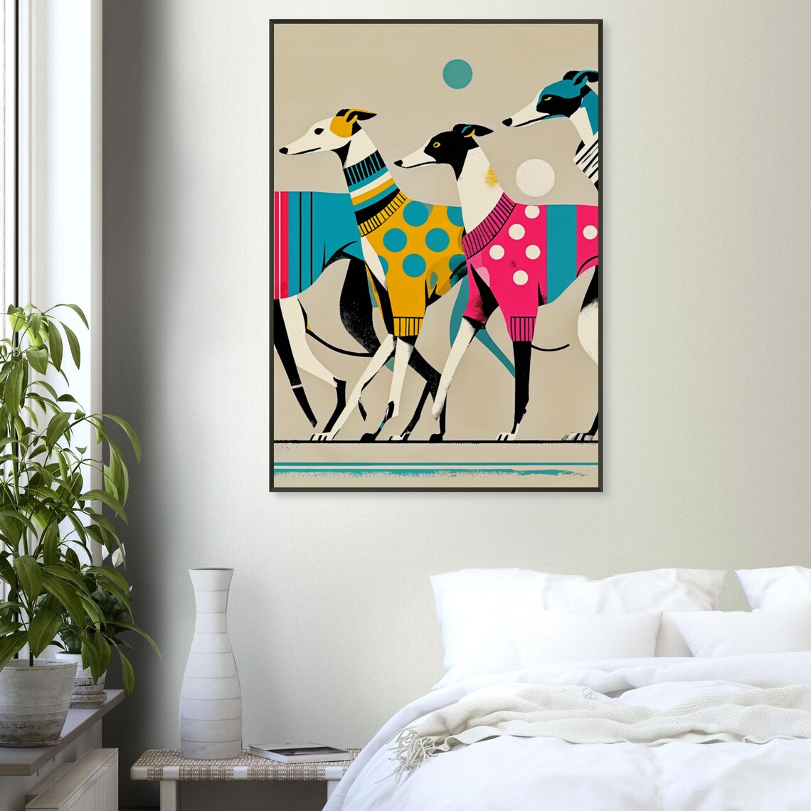 Stylish Greyhounds Walking Colorful Geometric Dog Sweaters Art Poster - Image 3
